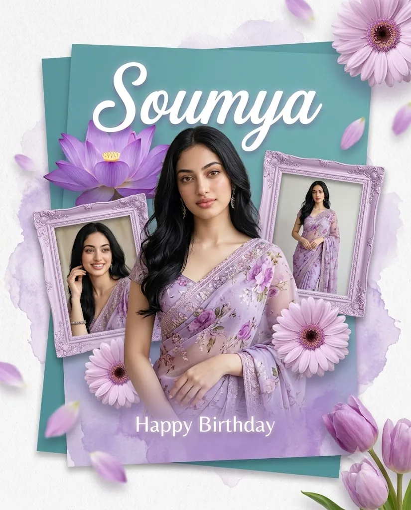 Luxury Purple Floral Birthday Portrait Poster Editorial Prompt