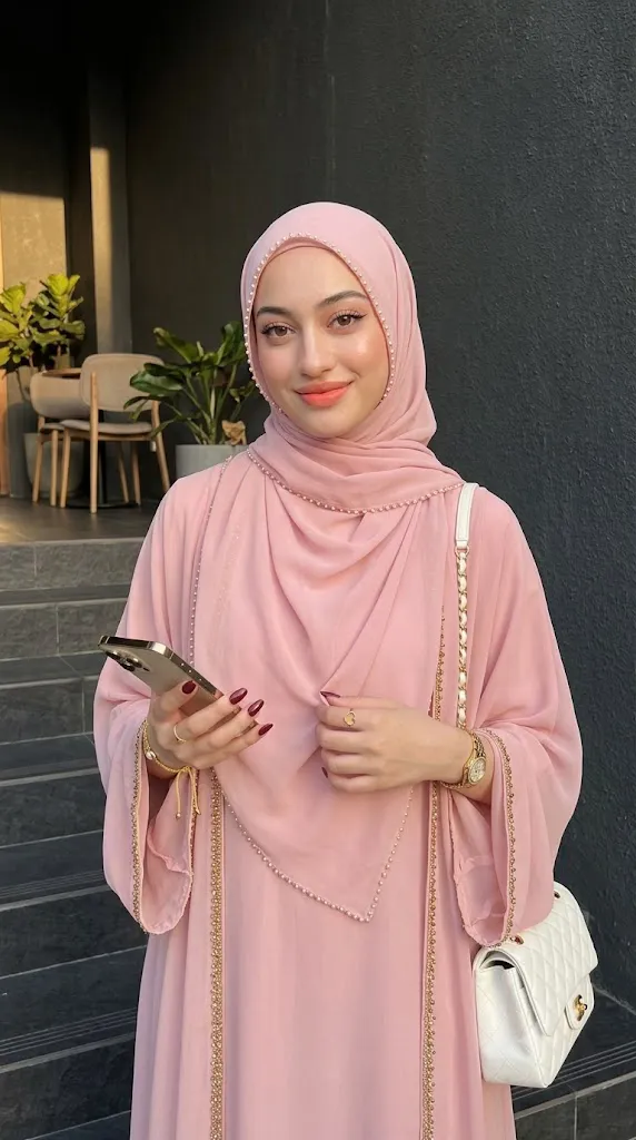 Luxury Soft Pink Abaya Editorial Portrait Prompt