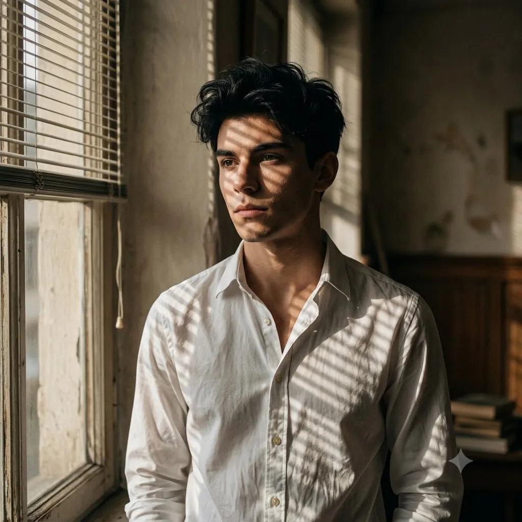 Moody Window Shadow Editorial Portrait Prompt