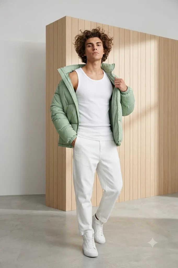 Pastel Green Puffer Jacket Studio Fashion Portrait AI Prompt