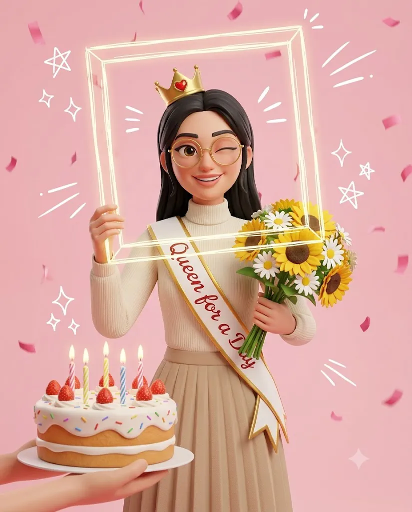 Queen for a Day Pixar-Style 3D Birthday Portrait Prompt