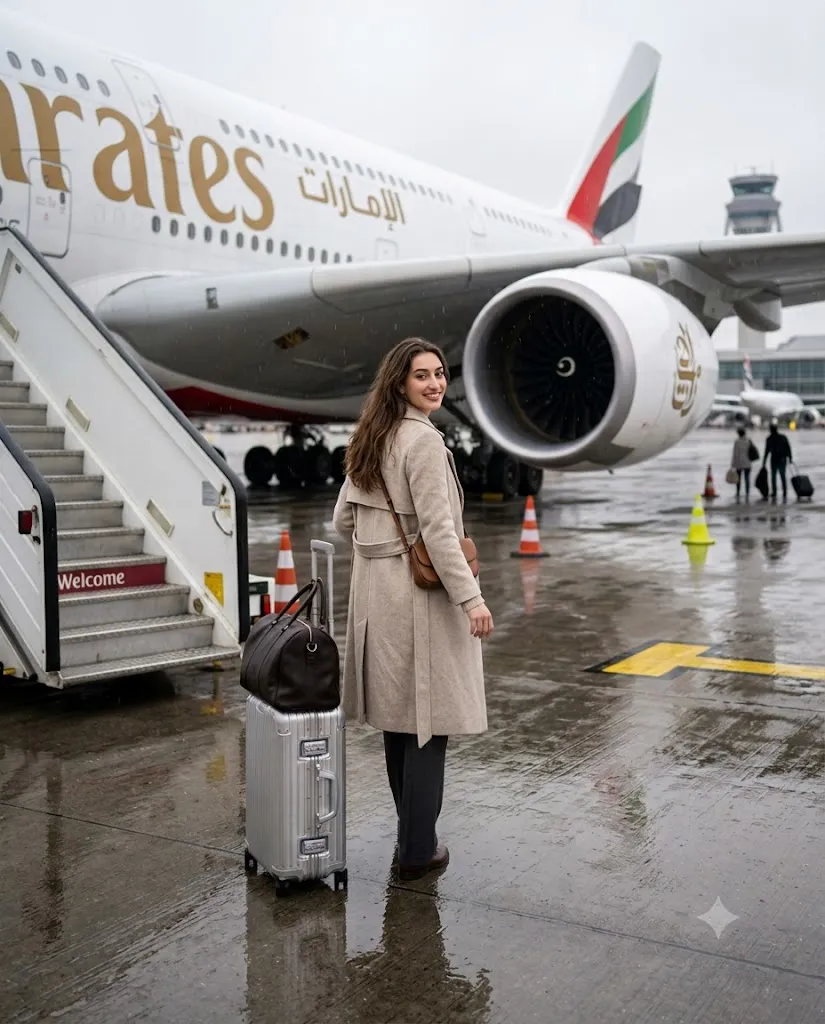 Rainy Airport Departure Cinematic Travel Portrait Prompt