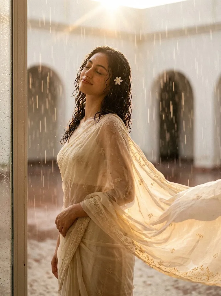Retro Vintage Rainy Saree Portrait Prompt