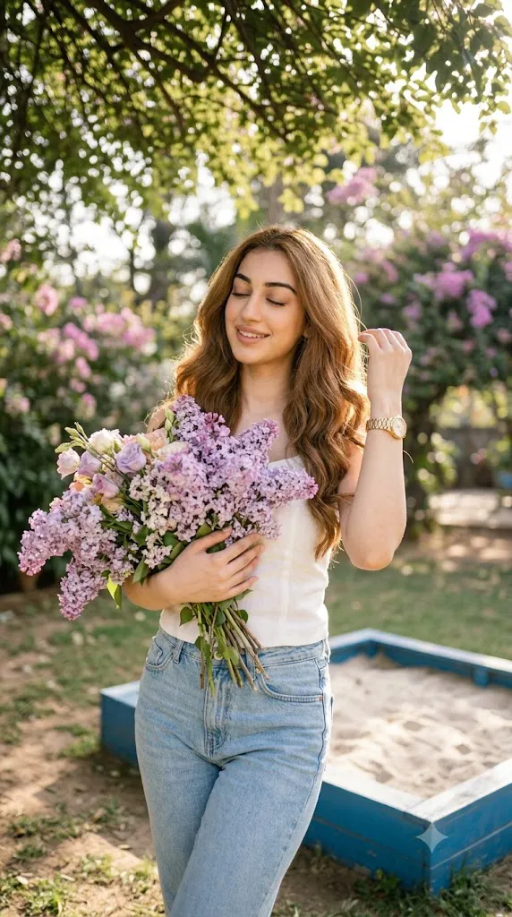 Romantic Lilac Bouquet Fashion Portrait Prompt
