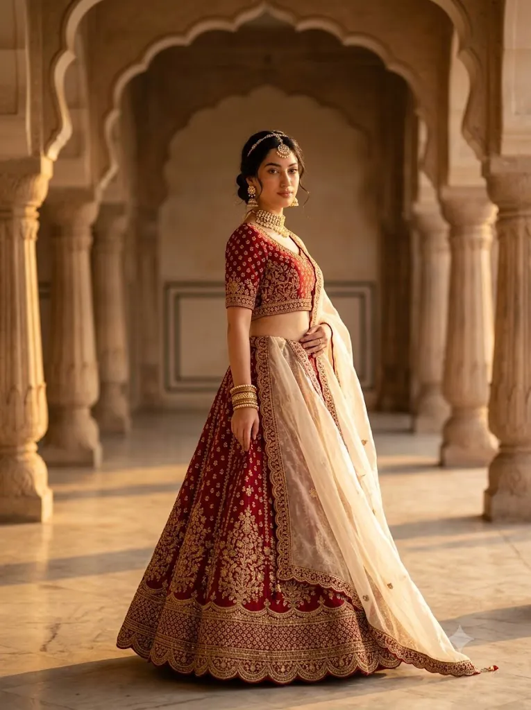 Royal Crimson Lehenga Editorial Portrait Prompt