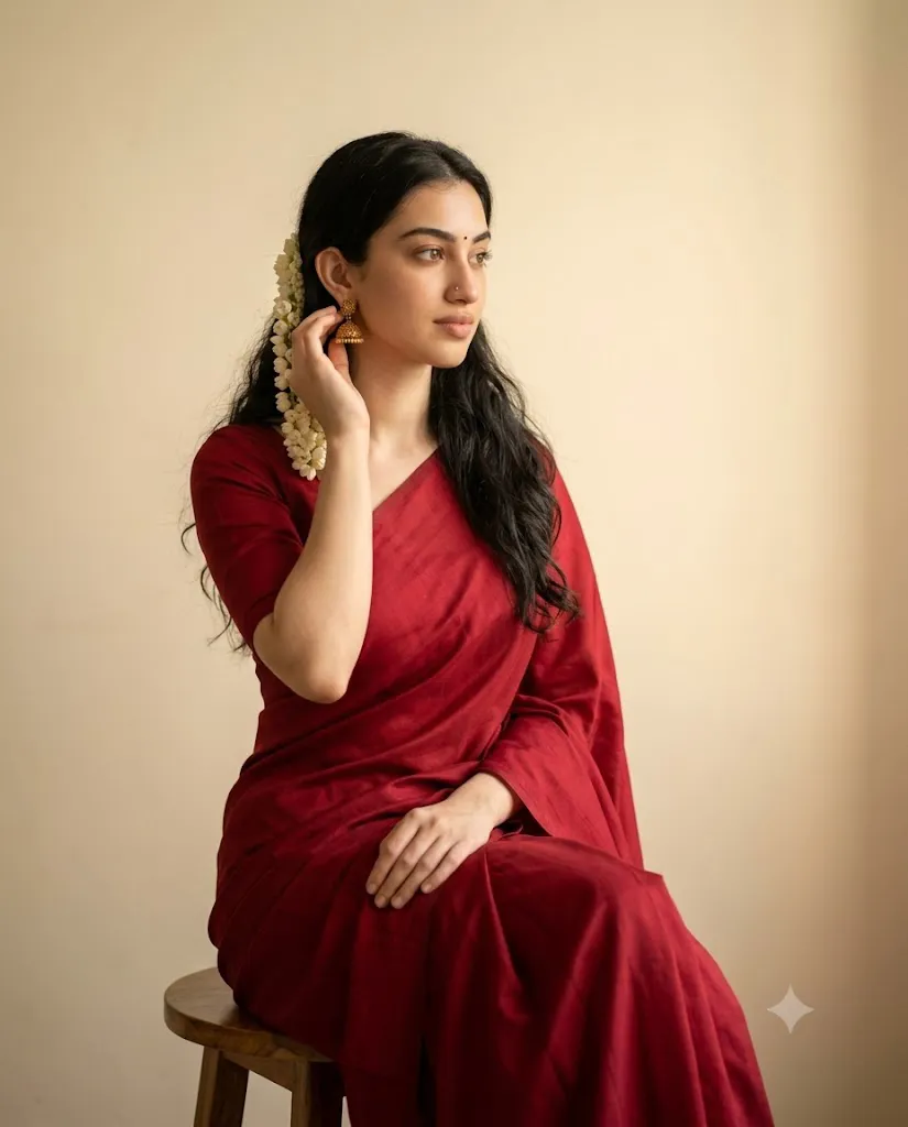 Soft Vintage Crimson Saree Editorial Portrait Prompt