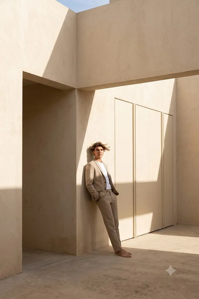 Sunlit Minimalist Beige Suit Editorial Portrait Prompt