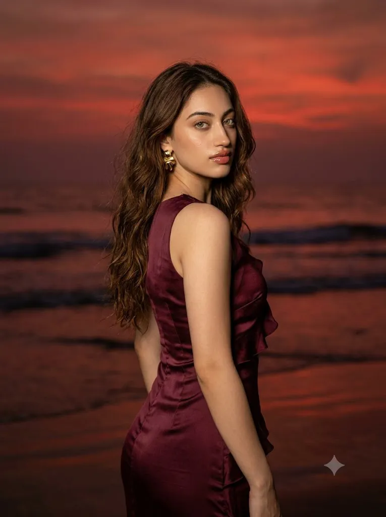 Sunset Elegance On The Shoreline Portrait Prompt