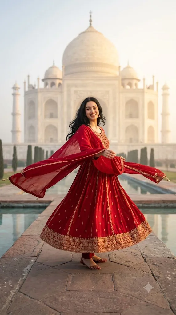 Taj Mahal Red Anarkali Prompt