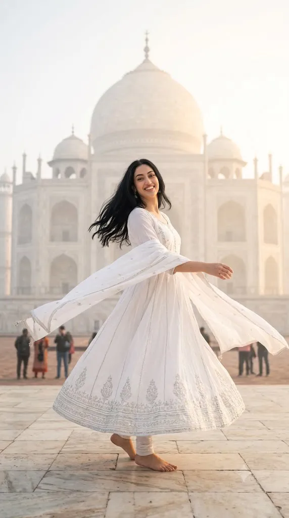 Taj Mahal White Anarkali Prompt