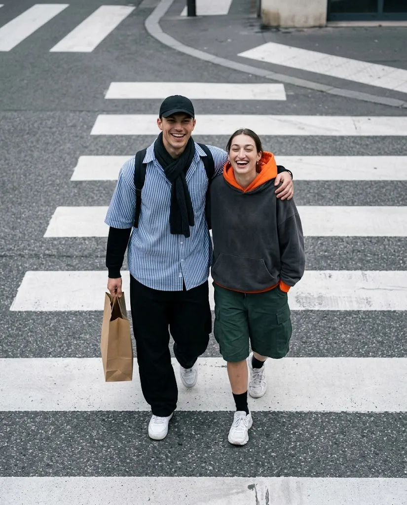 Urban Crossing Candid Couple Prompt