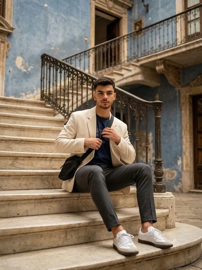 Vintage Courtyard Menswear Editorial Portrait Prompt