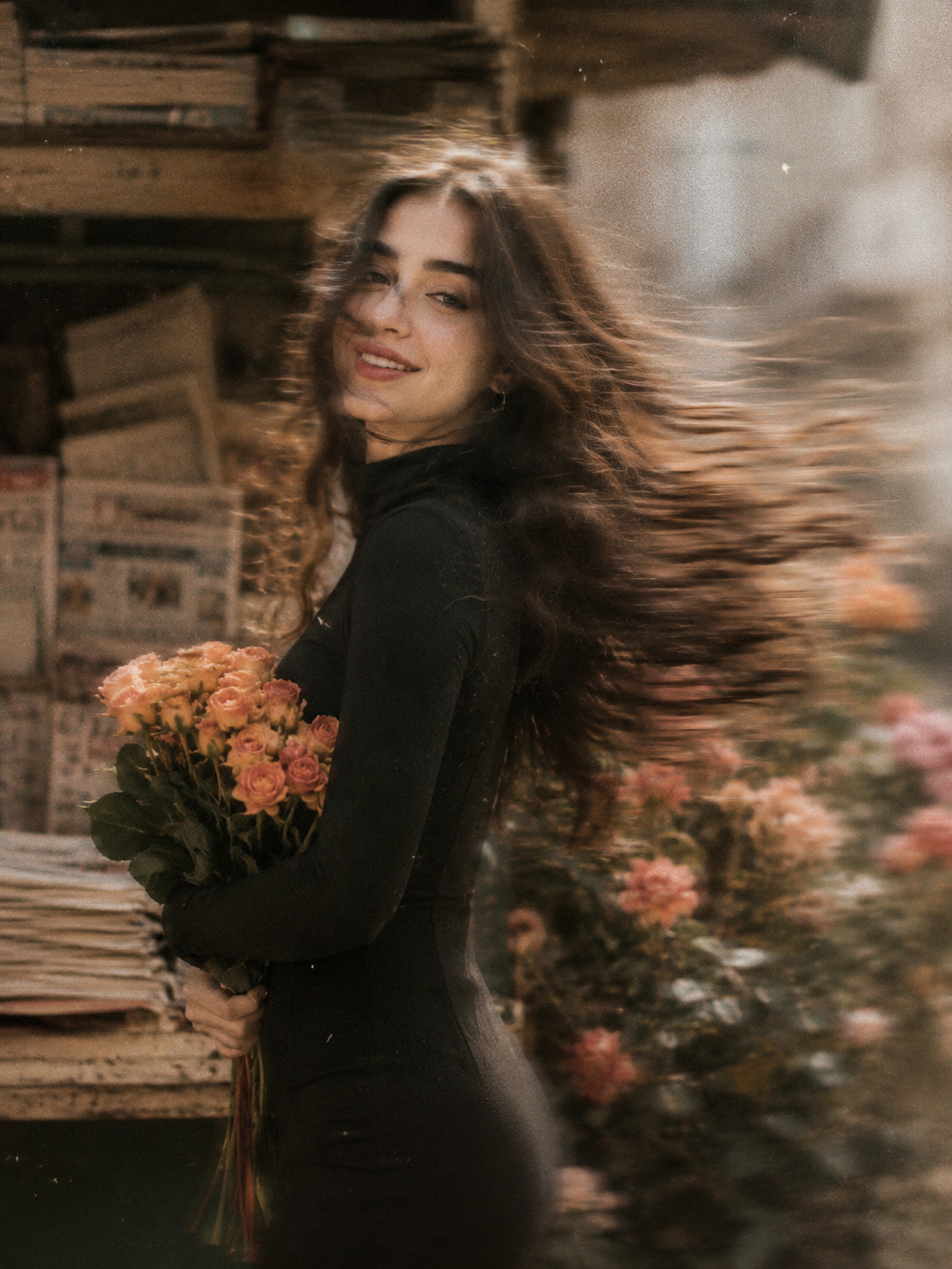 Vintage Street Portrait With Flowers