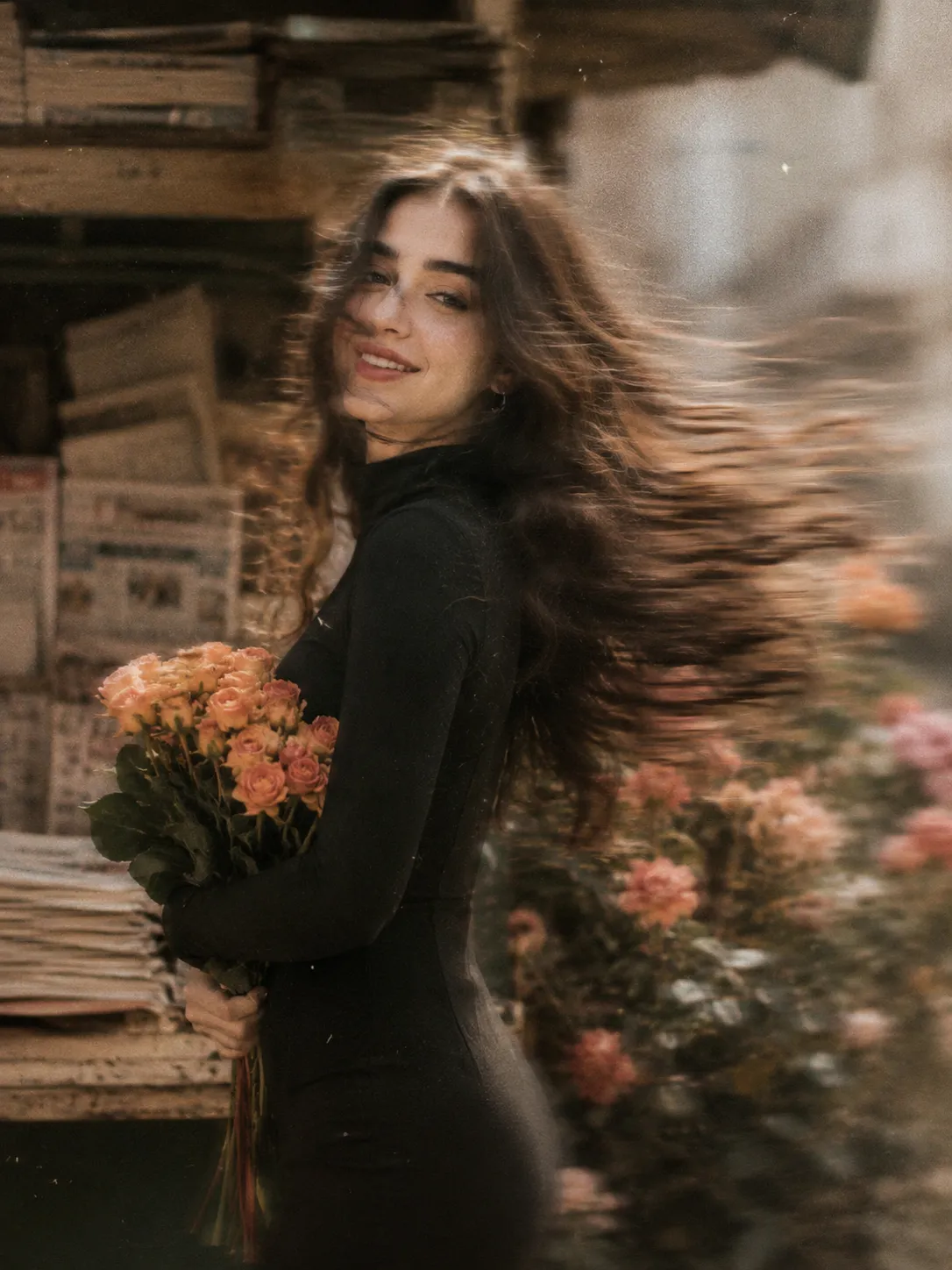 Vintage Street Portrait With Flowers