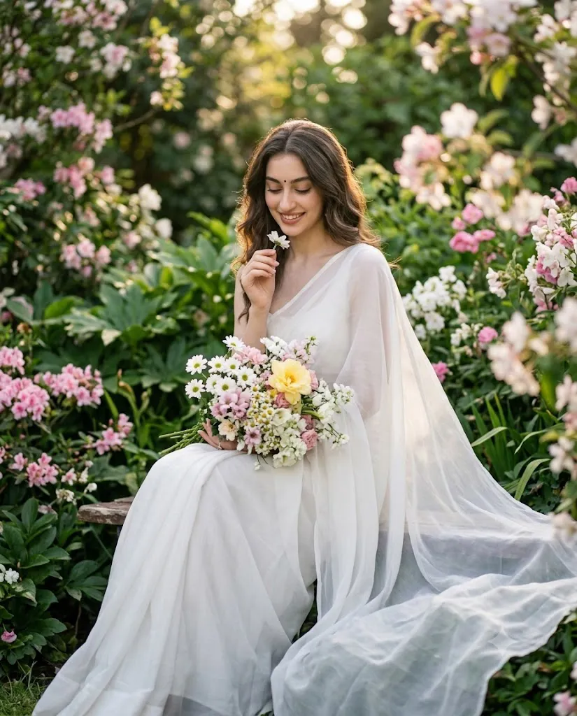 White Saree Flower Garden Editorial Portrait AI Prompt