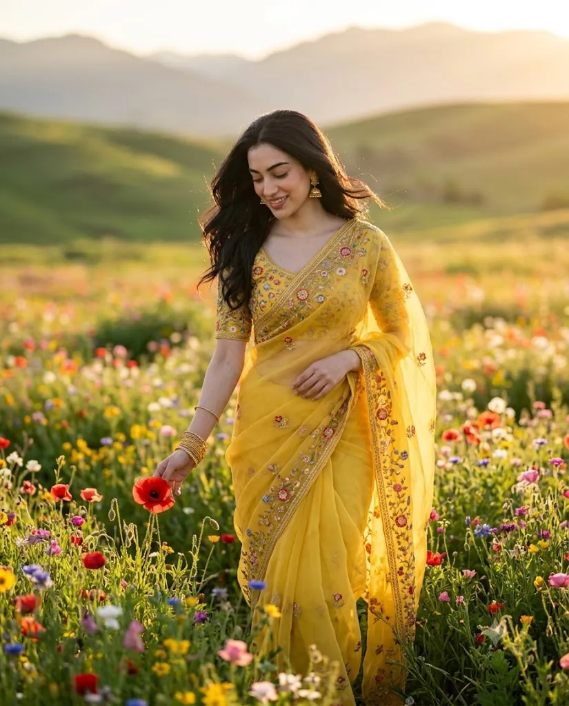 Wildflower Meadow Yellow Saree Cinematic Portrait Prompt