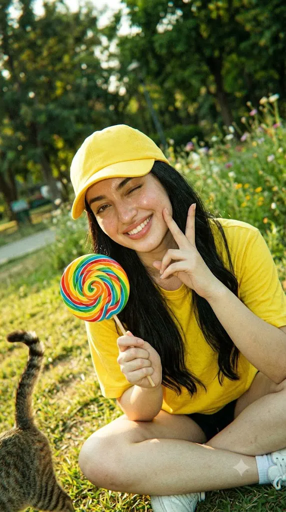 Y2K Candid Park Portrait with Rainbow Lollipop Prompt